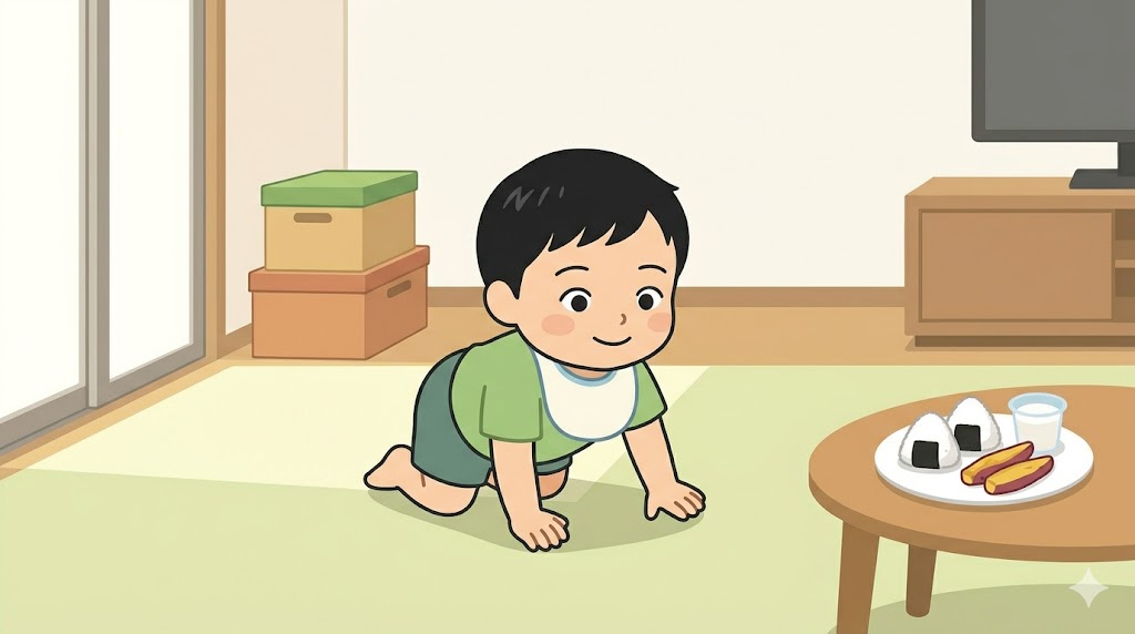 元気にハイハイする日本人の1歳児1人と、小さな胃袋を補うためのおやつ（小さなおにぎりやヨーグルト）
