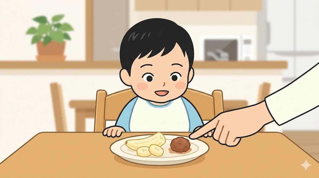 子どもが、テーブルの上にあるバナナや小さくカットされた肉団子を笑顔で見つめている