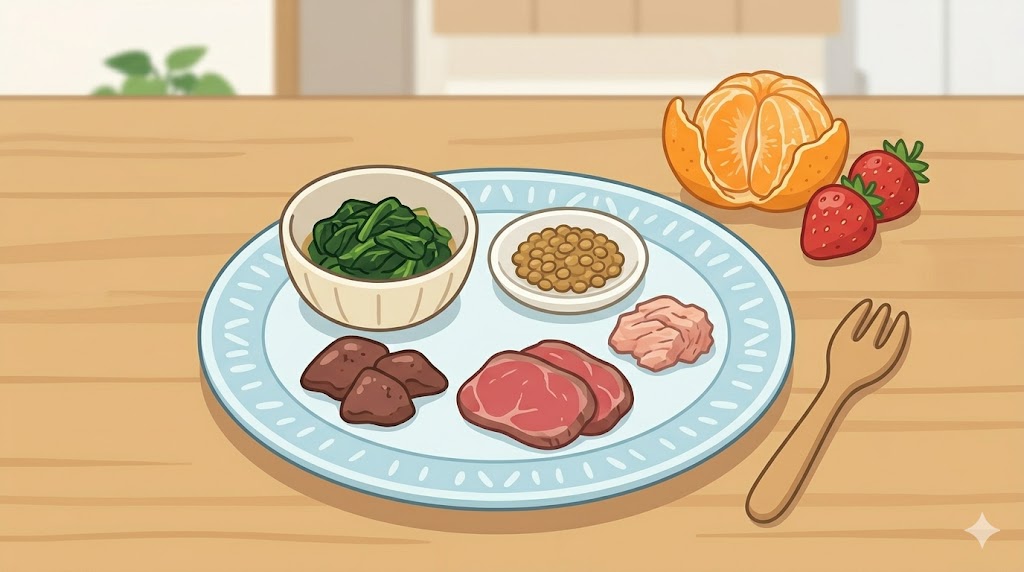 成長に不可欠な鉄分を豊富に含む食材（ほうれん草、牛肉、レバーなど）