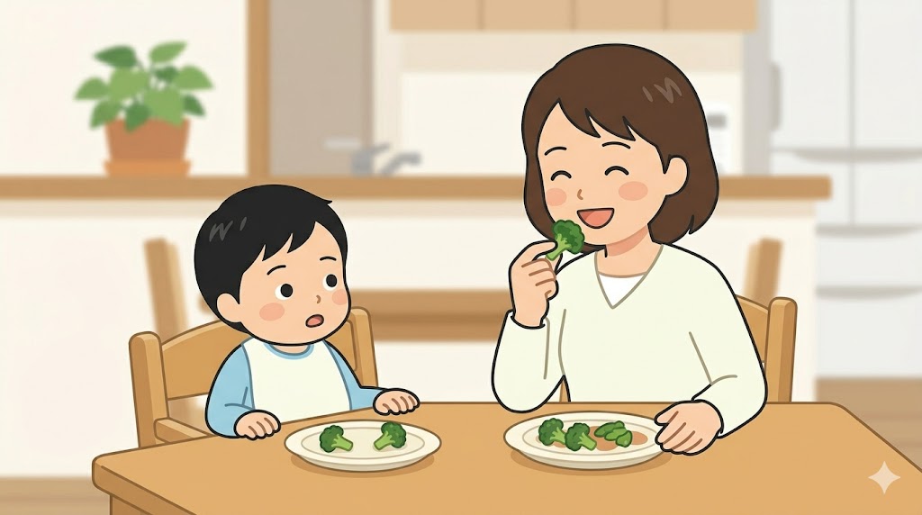 食卓で日本の母親が笑顔で美味しそうに野菜を食べる姿を、じっと観察している1歳の子ども