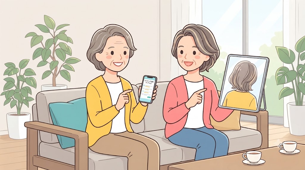 60代の日本人女性2人がリビングで髪の悩みや白髪染めについて楽しそうに談笑している