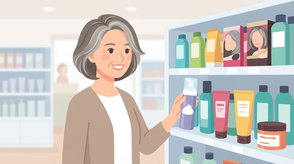 60代の日本人女性が、様々なタイプの白髪染め製品が陳列された棚の前で、自分に合った商品を笑顔で選んでいる