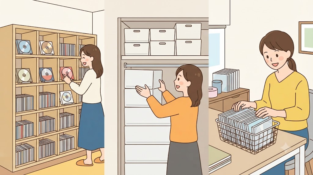 IKEA、無印良品、100均のアイテムを使い分け、それぞれのスタイルでCDを収納する