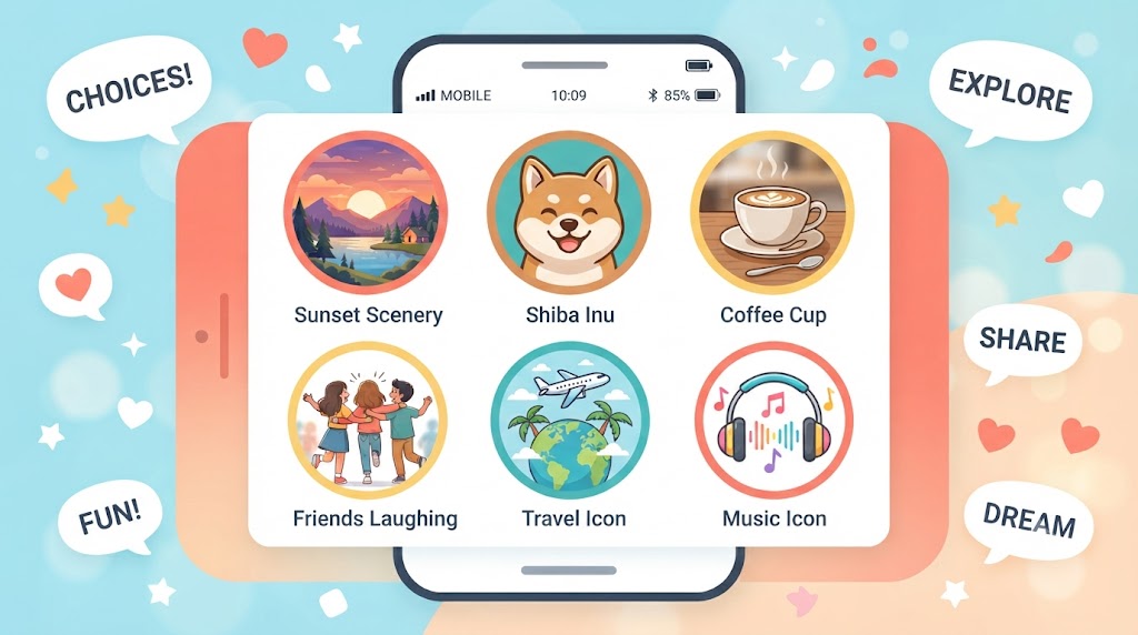 LINEのプロフィール画像のアイコン例。風景、動物、日常、他撮りなど多様な選択肢が並ぶ
