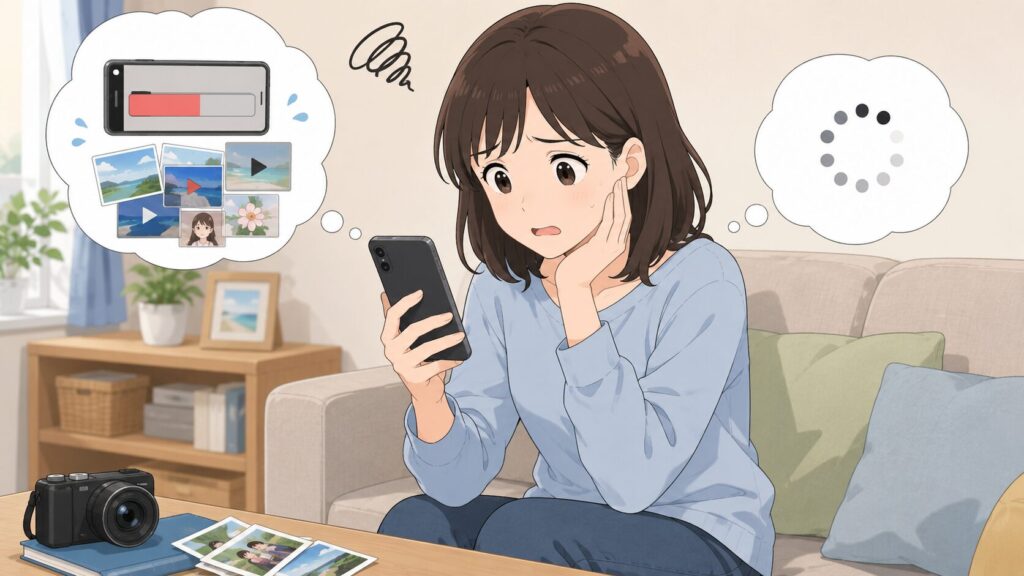 LINEの動作が重くなったスマートフォンを心配そうに見つめる