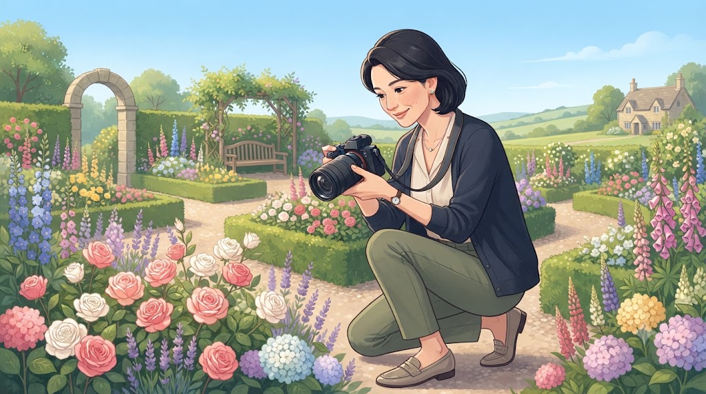 ガーデニングを楽しむ上品な女性。落ち着きと信頼感を与える美しい風景写真