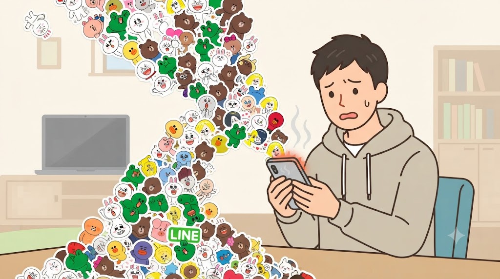 スマートフォンの容量を圧迫する大量のLINEスタンプに埋もれて動作が重くなり、困惑する