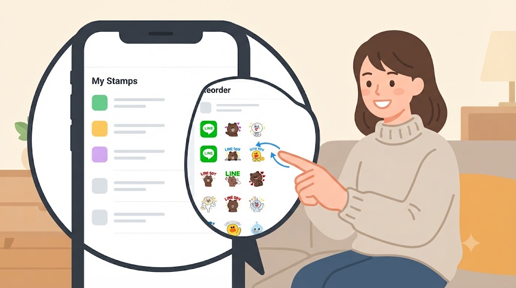スマートフォンの画面上で、保有するLINEスタンプを使いやすい順番にドラッグして並び替え、整理する