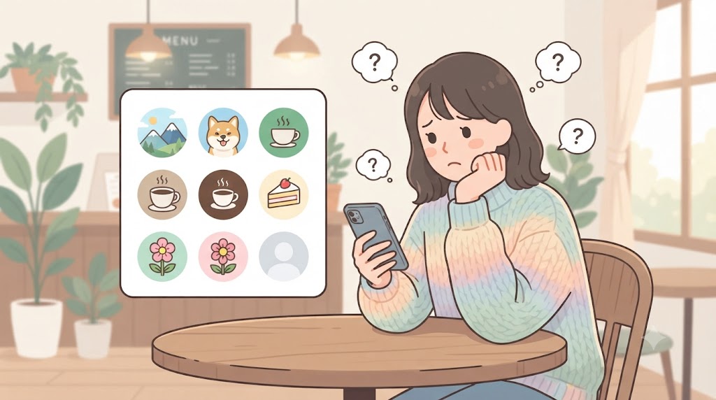 スマートフォン画面に表示された様々なLINEアイコンを前に、どれを選ぶべきか悩んでいる
