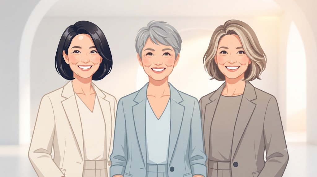ツヤのある髪や美しいグレイヘア、ハイライトスタイルを持つ3人の60代日本人女性が、自信に満ちた笑顔