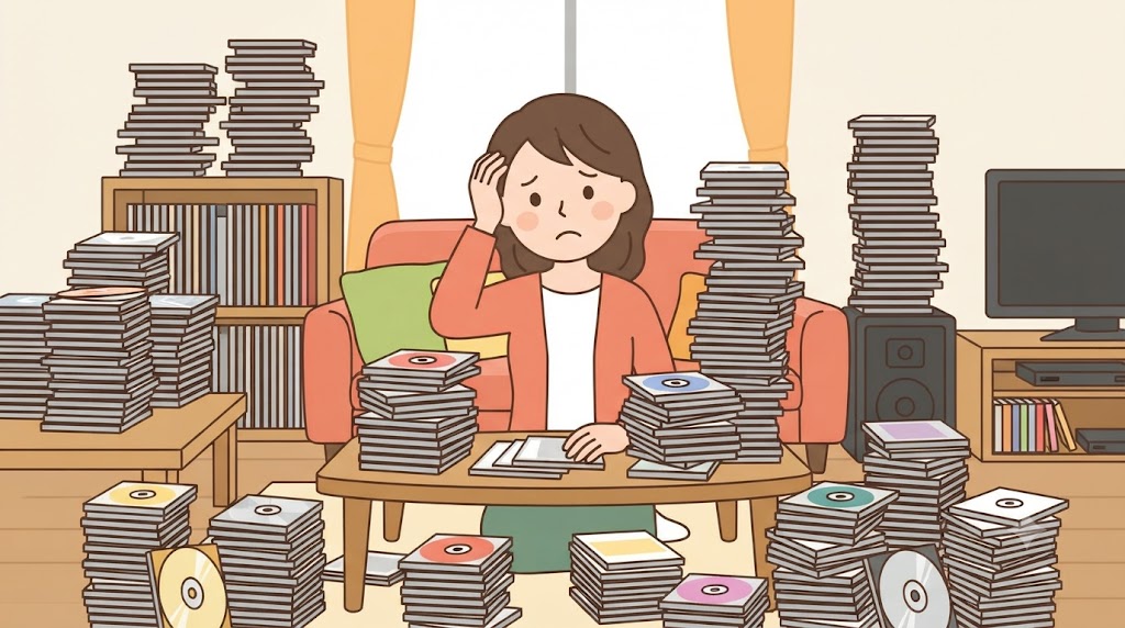 大量のCDコレクションに囲まれ、収納場所に頭を悩ませる