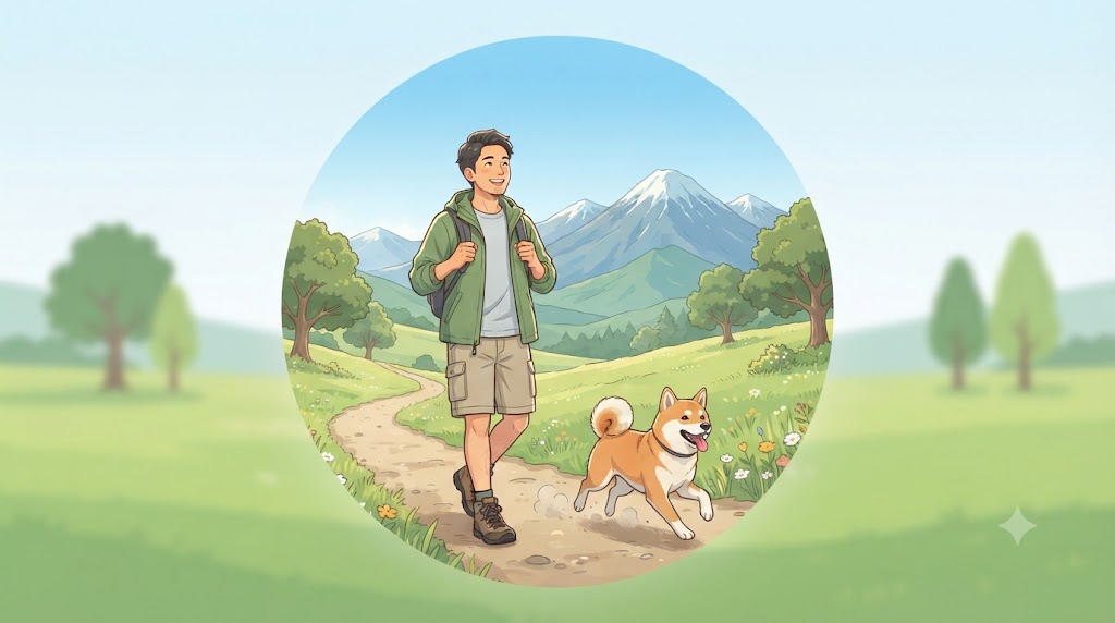 晴れた日に広大な自然の中を散歩する男性と、その横で元気に遊ぶ犬の様子を捉えた、明るく親しみやすいLINEアイコンとして設定