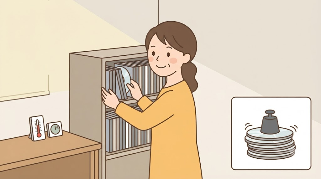 直射日光を避け、CDを棚に垂直に立てて正しく保管する