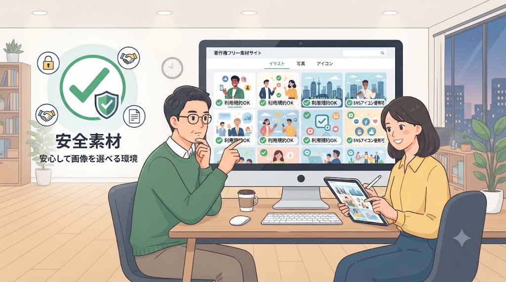 著作権フリー素材サイトの利用イメージ。安全にアイコンを選べる環境を表現した