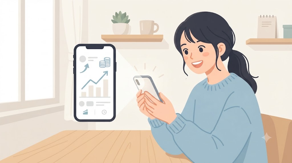 スマートフォンアプリでポイント運用の値上がりを見て喜んでいる