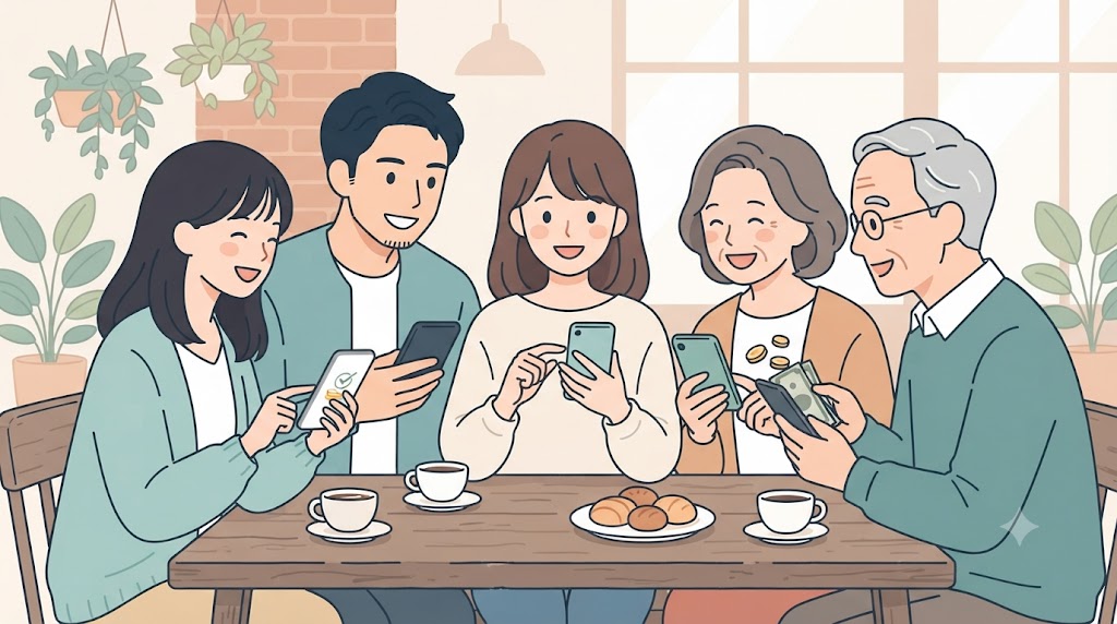 家族や友人とアプリでスムーズに送金や割り勘を楽しむ人々