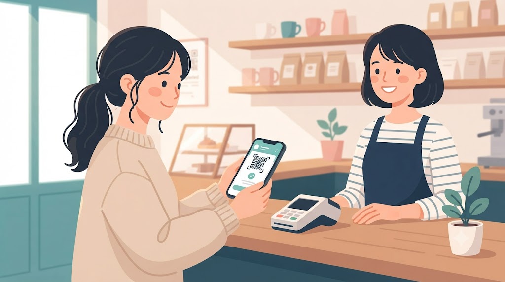 店舗のレジで安心してQRコード決済を行う