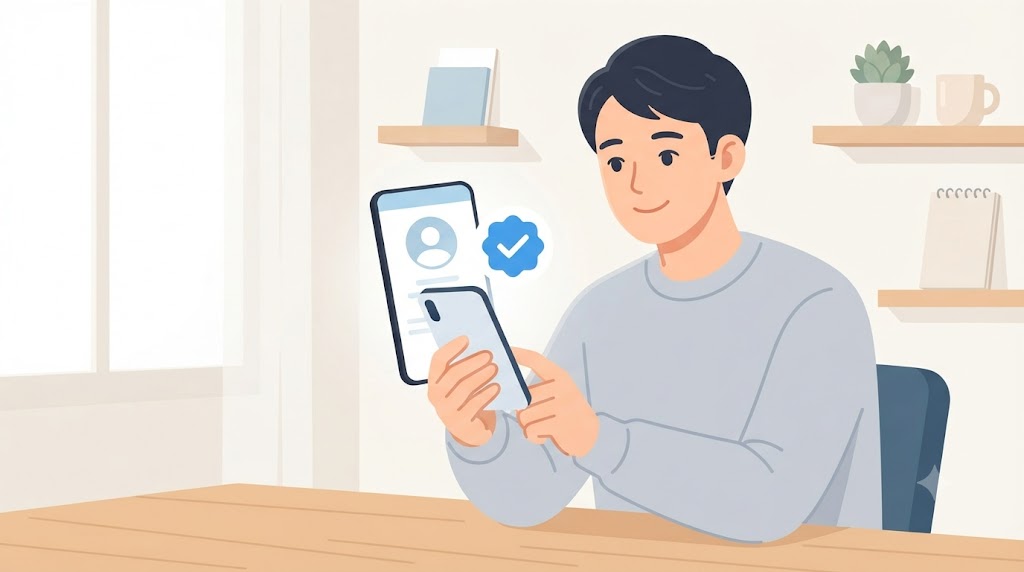 本人確認完了の青いバッジを見て安心している