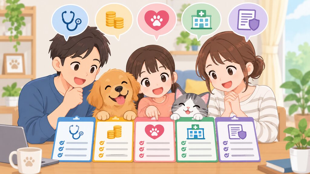 5つの評価軸のアイコンを見ながら、最適なペット保険を選んで笑顔を見せる