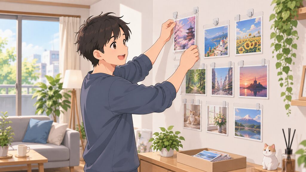 スリーブに入れたポストカードを、貼ってはがせる粘着材を使って賃貸の白い壁に傷つけずに飾る