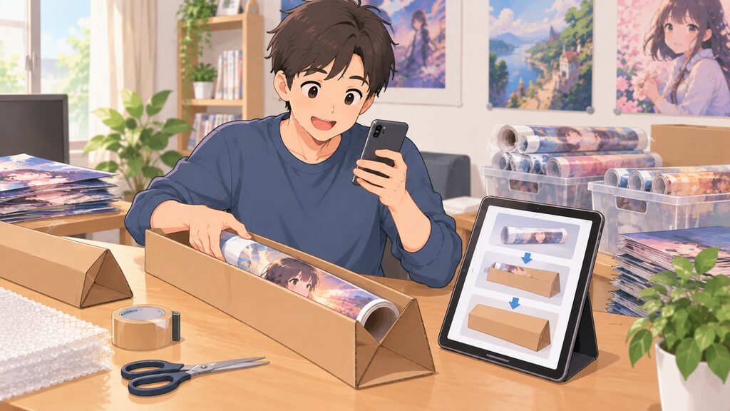 フリマアプリを利用し、古いポスターを三角ダンボールで丁寧に梱包して発送準備をする