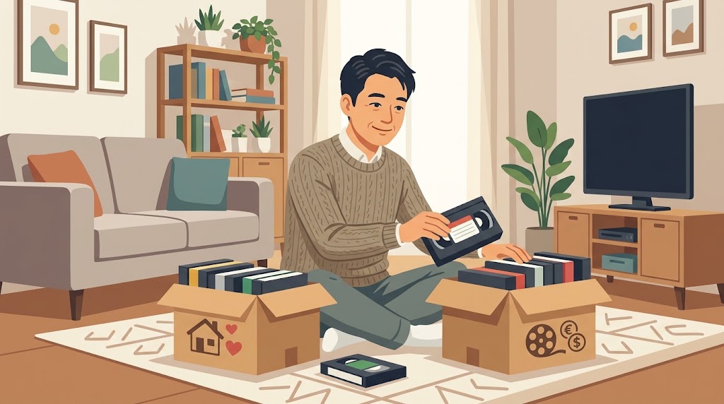 リビングで大量のビデオテープを、家族の思い出のホームビデオと市販品に仕分けしている男性