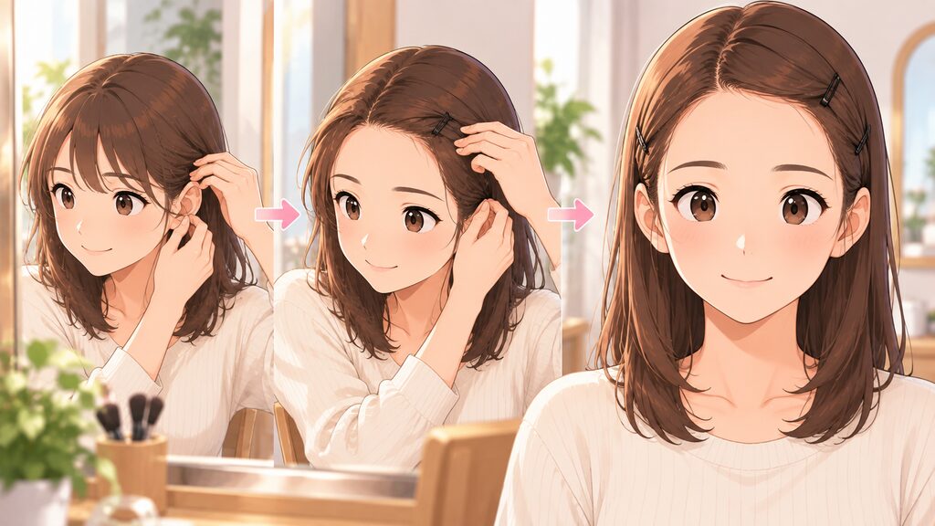 前髪をピンで留め、耳をしっかりと出して顔の輪郭をはっきりと見せるヘアスタイルに整えている