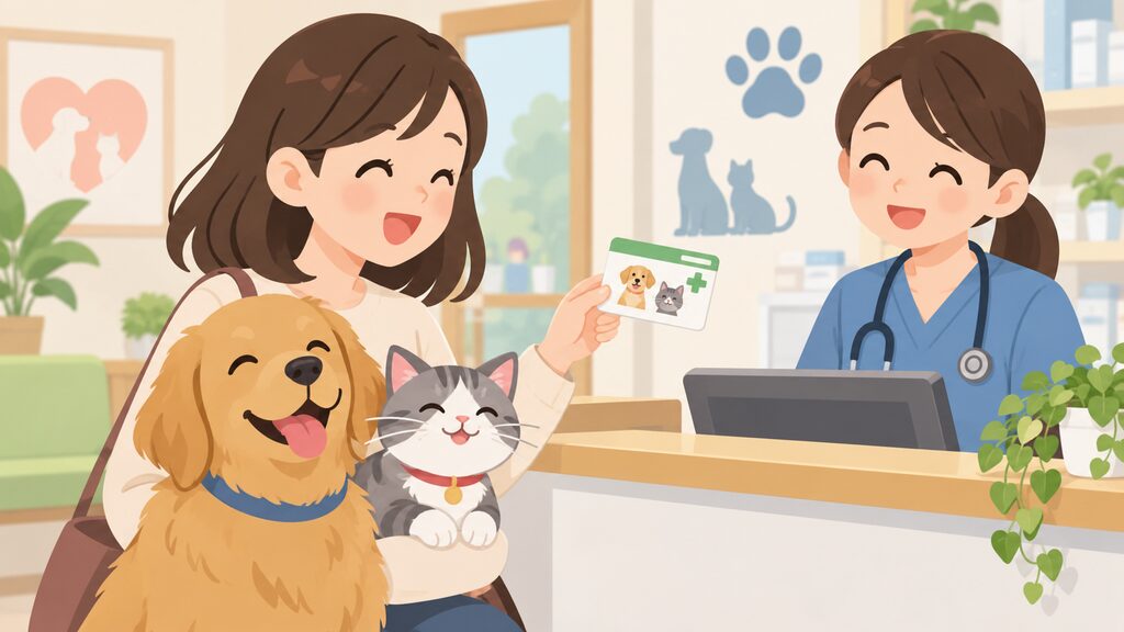 動物病院の待合室で、健康保険証のようなペット保険証を提示する飼い主と、それを見つめる犬と猫