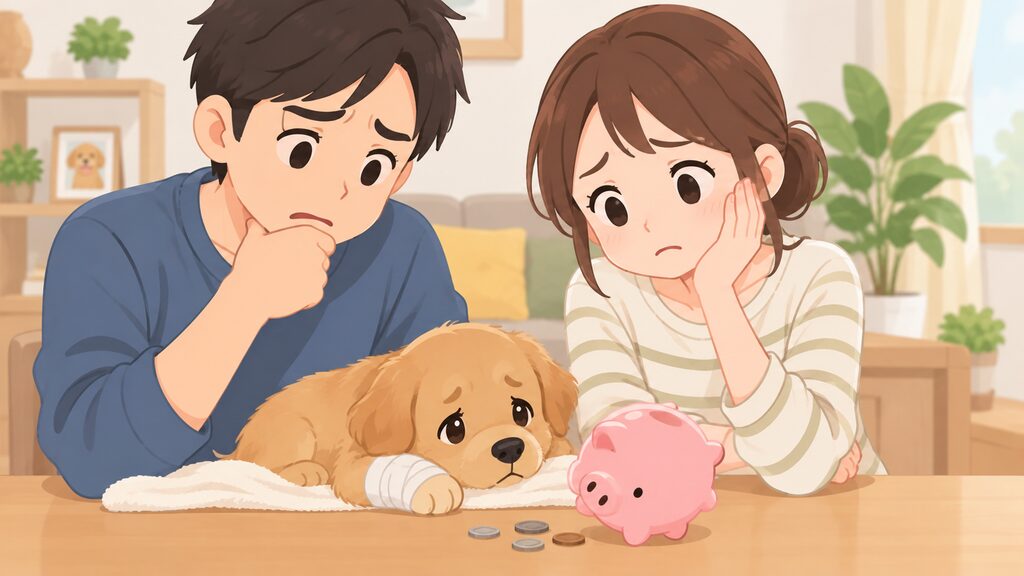 十分に貯まっていない貯金箱を前に、ケガをした子犬を抱えて頭を抱え、途方に暮れる