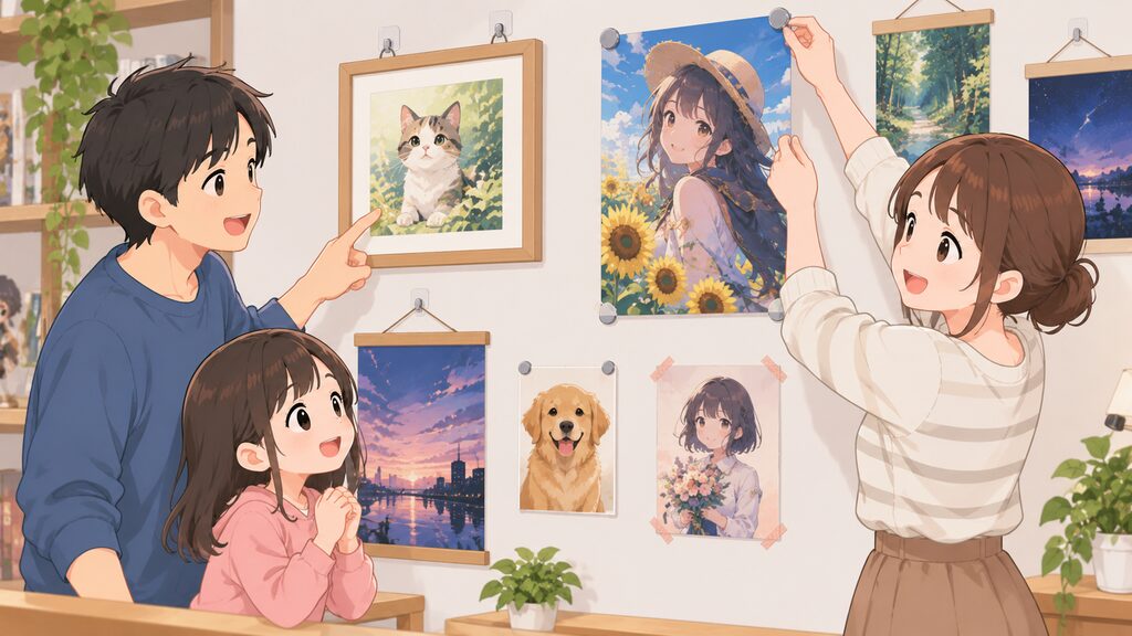 家族が、壁美人やマグネットクリップなど、重さやサイズに合わせてポスターを壁に固定する方法を実演している