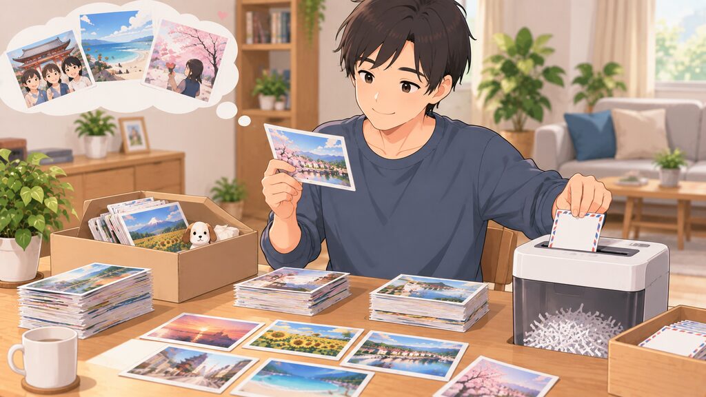 思い出の詰まったポストカードを感謝の気持ちを込めて整理し、個人情報部分を安全にシュレッダーで処分する
