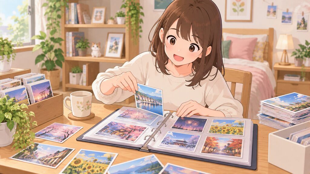 机の上でA4サイズのバインダーとリフィルを使い、大量のポストカードを綺麗に整理・収納する