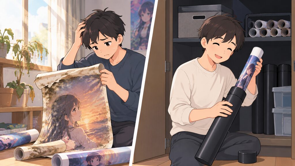湿気と紫外線で劣化したポスターと、UVカットケースで大切に保管されるポスターの対比