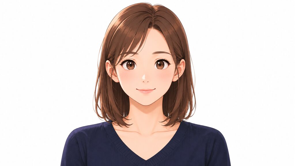 背景の白に同化しないよう、濃い色のVネックトップスを選んですっきりと身支度を整えた