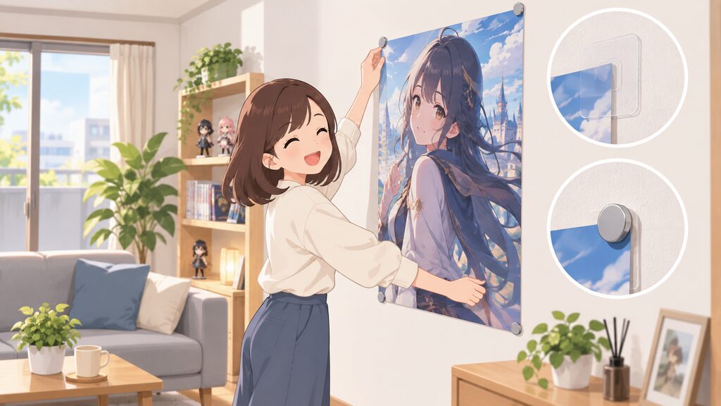 賃貸アパートの白い壁に、マスキングテープと磁石を使ってアニメのポスターを傷つけずに飾る