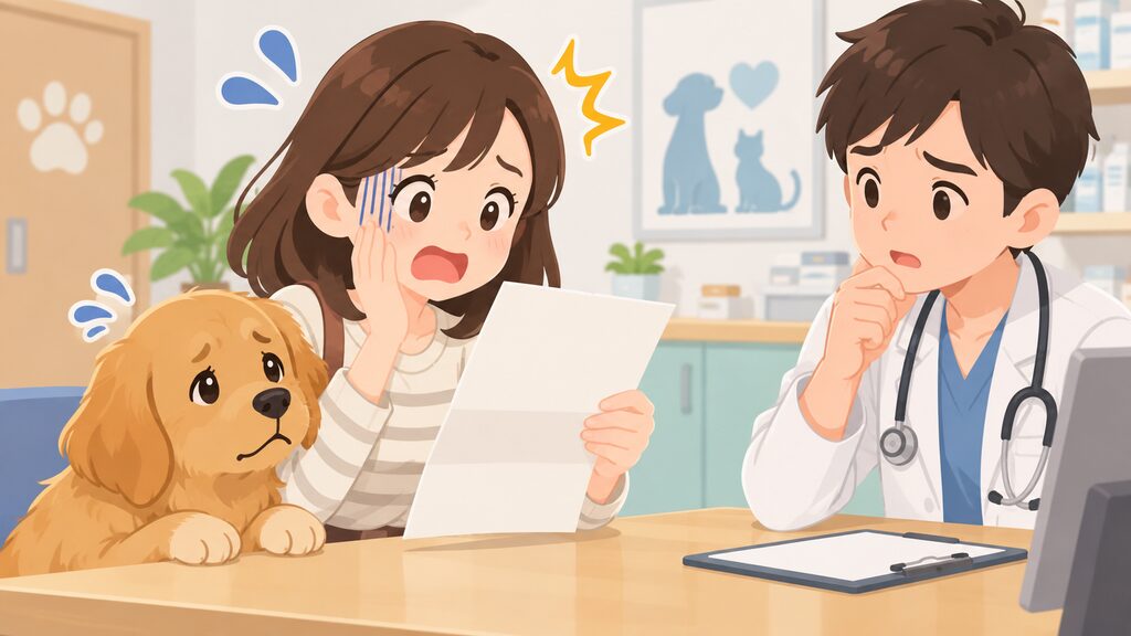 飼い主が、動物病院の診察台で高額な診療費の明細書を受け取り、驚きつつも深刻な表情で悩んでいる