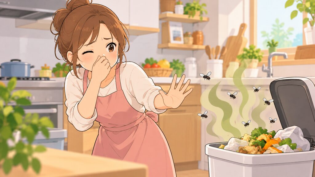 キッチンの生ゴミから漂う臭いやコバエに悩む