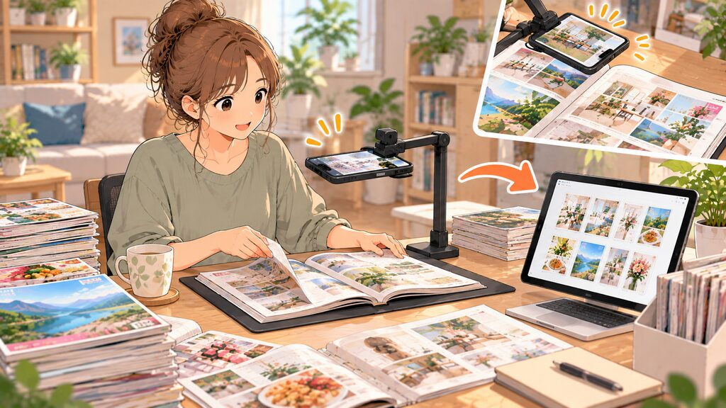 スマートフォンとアプリを活用して、雑誌を裁断することなく綺麗な状態でスキャンし、デジタルデータとして保存している