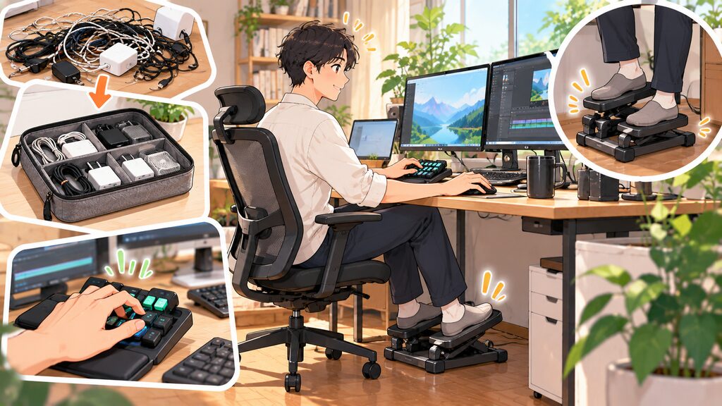 デスク上のケーブルや小物をAnkerの収納ポーチできれいに整理し、Razerの左手デバイスと足踏みステッパーを活用して効率的かつ健康的に在宅勤務を行っている