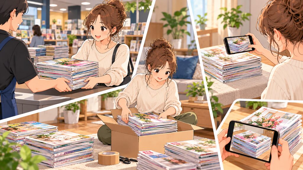 不要になった雑誌をリユースショップでの買取やフリマアプリへの出品を通じて手放し、有効活用しようとしている