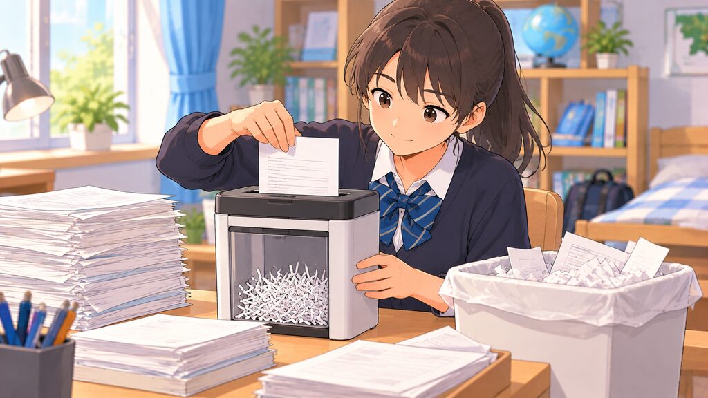 個人情報が記載された不要なプリントを安全にシュレッダーで処分している