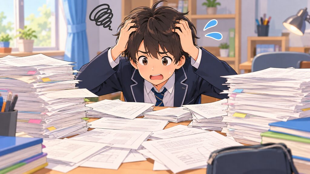 大量に配られた学校のプリントの山に圧倒され、整理に困っている