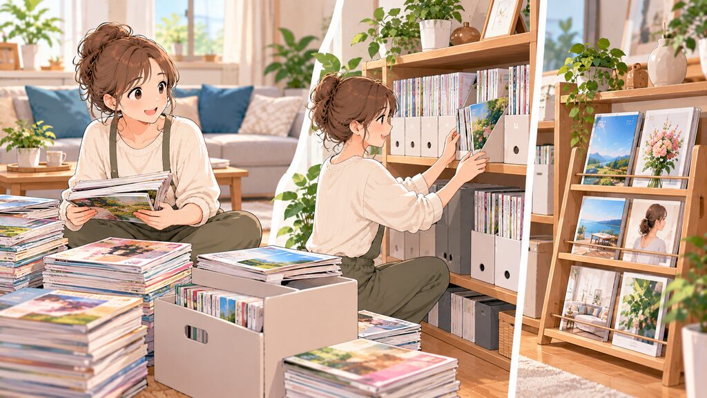 大量の雑誌をファイルボックスやマガジンラックを使って綺麗に整理整頓し、インテリアとして楽しんでいる