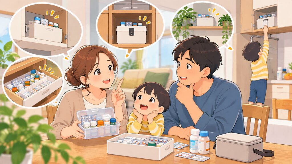 子どもの誤飲を防ぐ高い位置や生活動線に合わせた安全な薬の保管場所を検討している