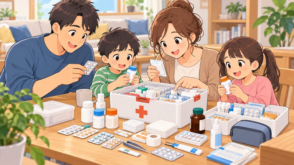 季節の変わり目に救急箱の中身や使用期限を家族と一緒に仲良くチェックしている