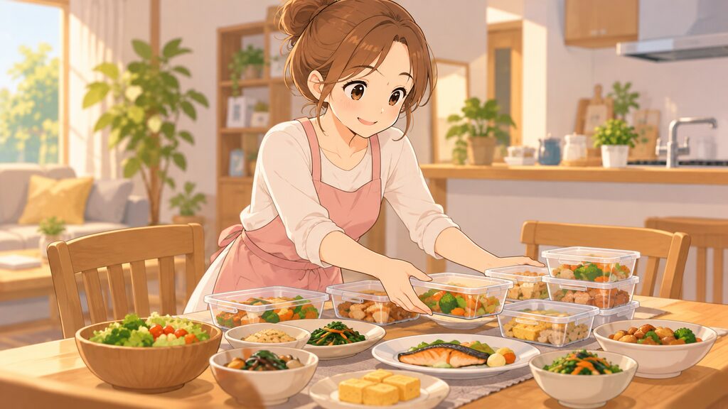 宅食サービスの手料理や便利なお惣菜をお皿に美しく盛り付けて準備する