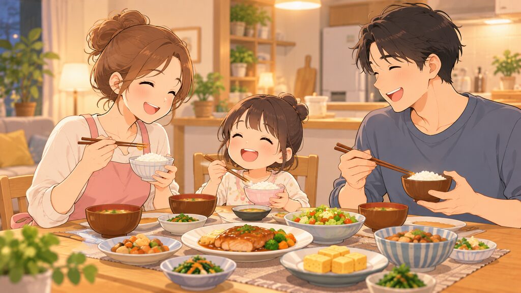 宅食サービスを利用して時間のゆとりができ、家族みんなで笑顔で夕食を囲んでいる幸せな食卓
