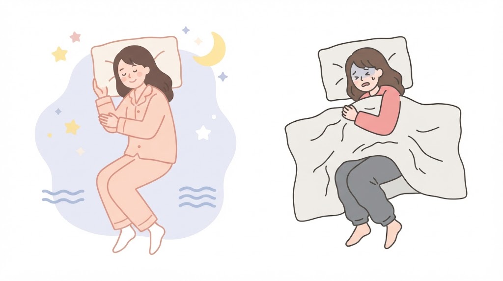 寝ている女性が、コットンのパジャマで快適に眠る様子（左）と、厚手のスウェットで寝苦しそうな様子（右）