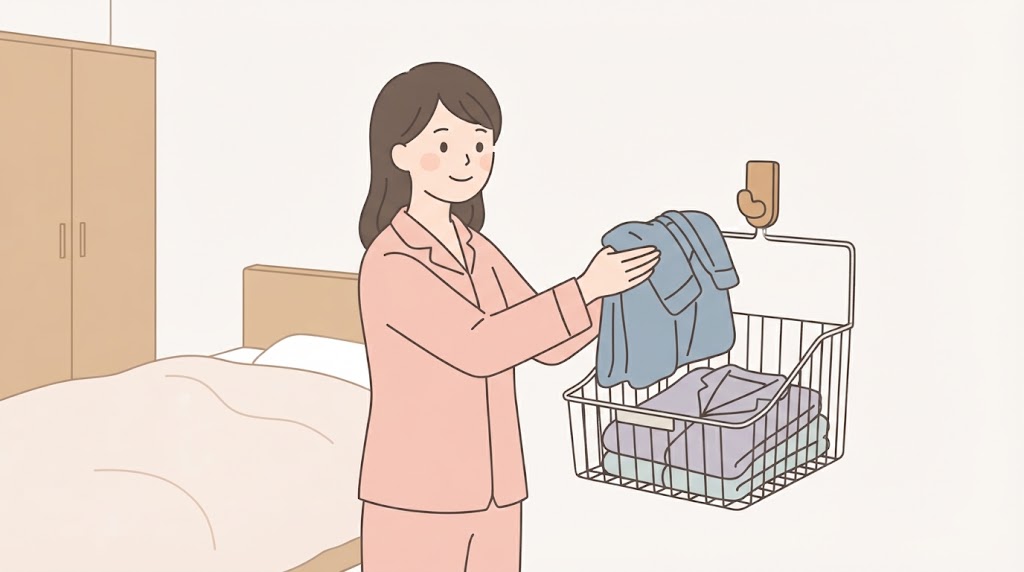 寝室の壁に設置されたフックとバスケットに、脱いだパジャマが掛けられている