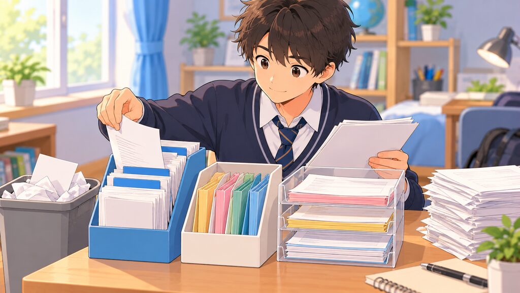 散らかりがちなプリントを「不要」「提出待ち」「保管」などに分かりやすく分類・整理している